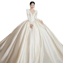 French satin V-neck light wedding dress new 2024 bridal main yarn fat mm large size spring and summer long-sleeved petite dress
