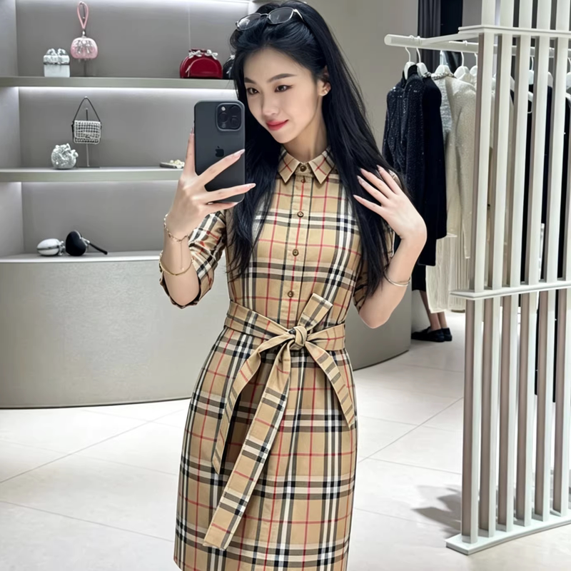 Authentic Bbrbur Tb Style British Casual Plaid Shirt Dress for Women with Waist-Cinching Tie, Slimming Mid-Length Dress