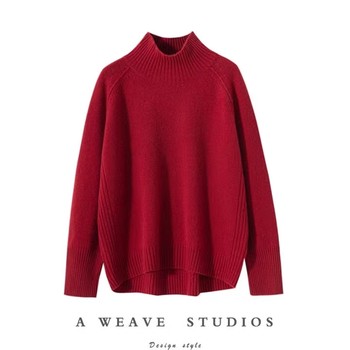High-end temperament thickened half turtleneck cashmere sweater for women 100% pure wool knitted sweater base layer