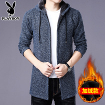 Flowers Playboy mens sweatshirt knit jacket for mens autumn and winter garnter thickened with a long and warm wind suit in the hood