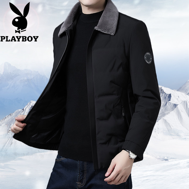 Playboy winter new middle-aged short fur collar down jacket men's lapel thickened warm jacket men's dad wear