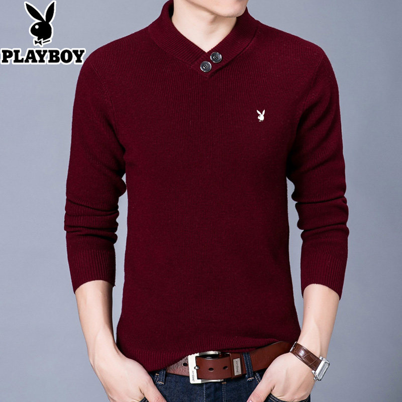 [USD 184.66] Playboy pure wool sweater men's autumn and winter pullover V-neck pure color knit 