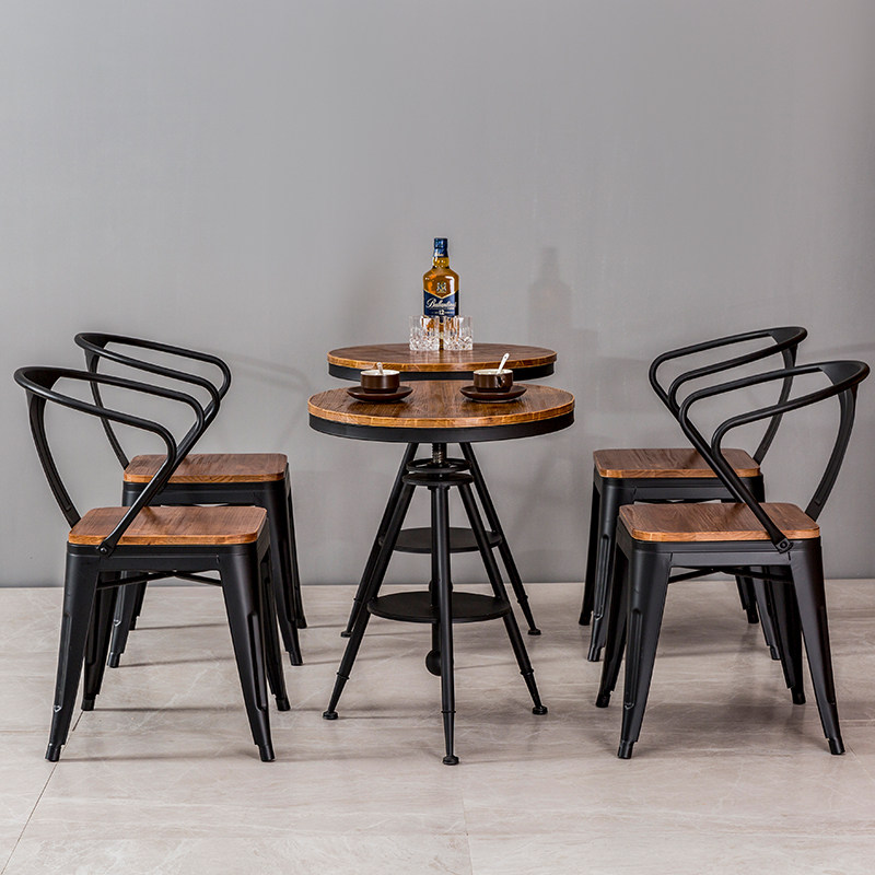 American retro wrought iron dining table cafe milk tea shop solid wood leisure round table and chair combination against the wall dessert negotiation table
