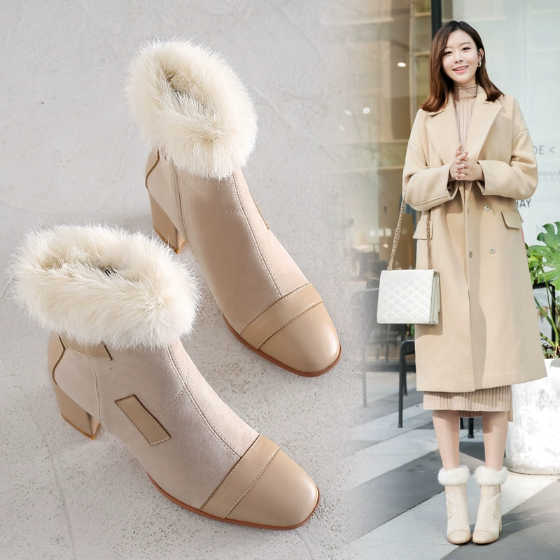 Mùa đông 2019 phiên bản Hàn Quốc giày da dày gót dày Martin boots lông thỏ bốt ngắn bốt bị thương cộng với bốt cashmere ủng tuyết trẻ em - Giày ống