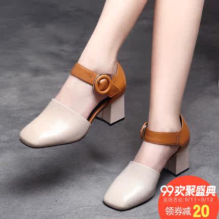 真皮粗跟鞋中空凉鞋女 2018夏季新款欧洲站女