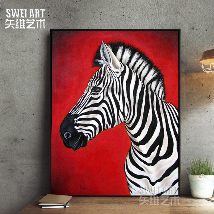 Pure hand painted oil painting Nordic style Xuanguan Decorative Painting Red Zebra Mural Dining Hall Aisle Entrance brief hanging painting