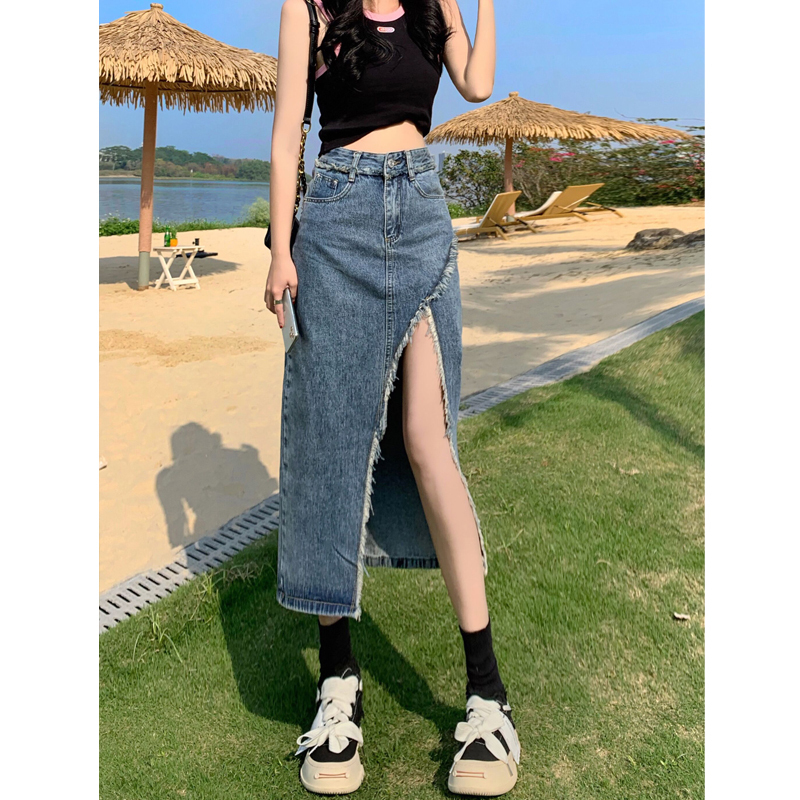 High-Waisted Slimming Irregular Side-Slit Denim Skirt for Women, Spring Vintage Frayed A-Line Bodycon Midi Skirt