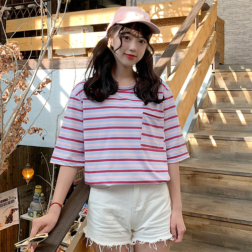 Official Picture 2018 New Short Sleeve T-shirt Top Girl Student Stripe Retro-Hong Kong Style Girl