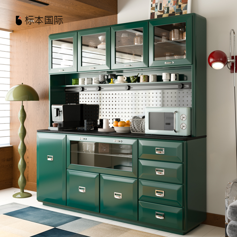 Retro Green Painted Perforated Board Solid Wood Sideboard Against the Wall Integrated Storage Tea Cabinet Storage Cabinet Multifunctional Retro Green Painted Perforated Board Solid Wood Sideboard Against the Wall Integrated Storage Tea Cabinet Storage Cabinet Multifunctional