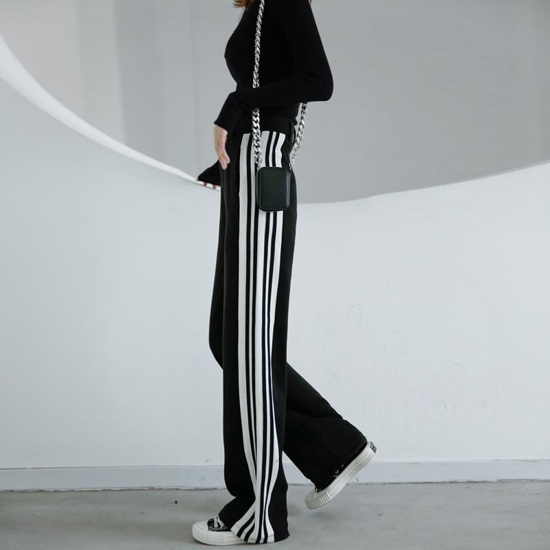 Japanese new plus-size women's drape feeling side stripe wide legs autumn loose thin stripe mop pants women
