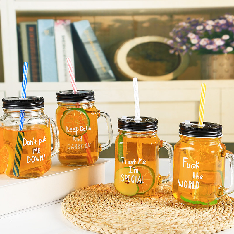 Creative letters with lid and straw glass Mason handle cup juice lemon cup milk tea