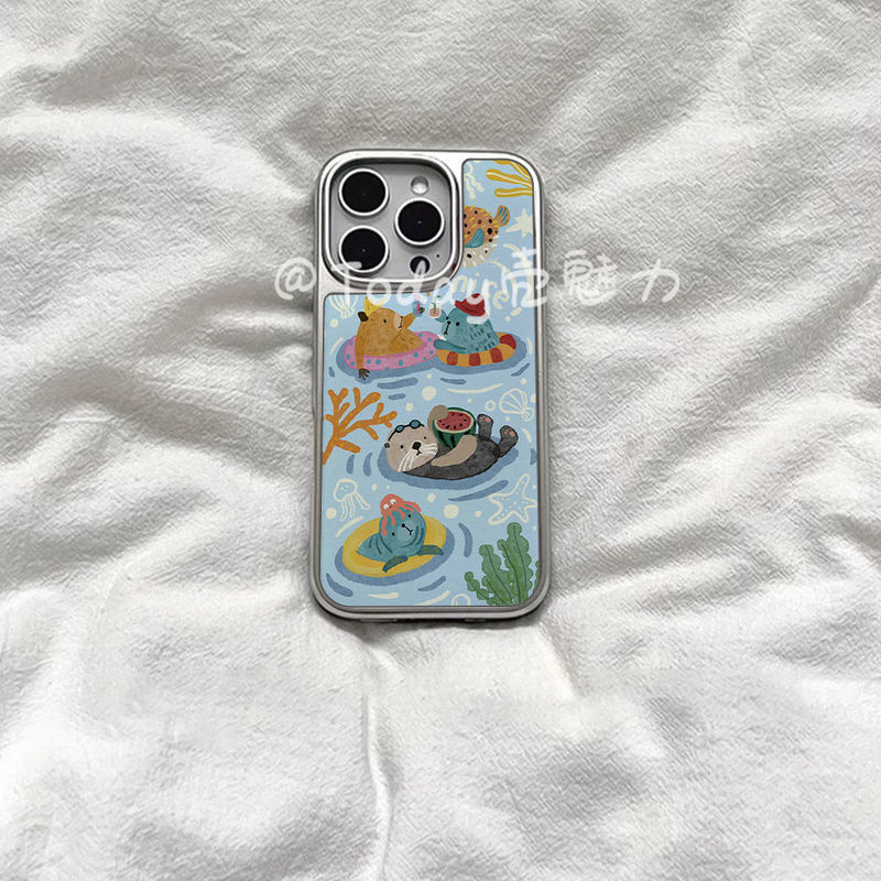 Original ins Cute Summer Relaxing Otter Magnetic Electroplated Silver Edge Soft Case Suitable for Apple Phone Case Iphone16Promax Acrylic 15Pro/14/13/12/11 New High-End