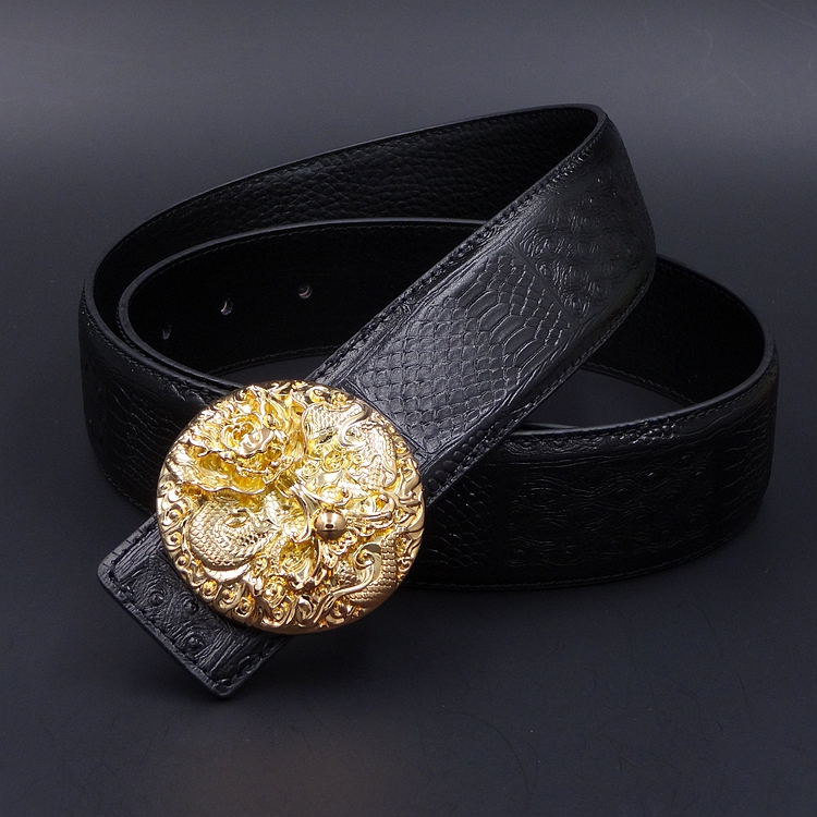 Round buckle dragon puff smooth buckle belt male Chinese wind retro jeans with crocodile tattooed leather cow leather belt