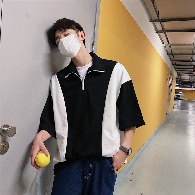 港仔新款撞色拼接拉链高领七分袖t恤男潮流宽松学生运动短袖体恤