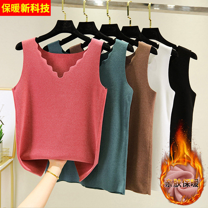 2022 autumn and winter seamless V-neck thermal vest women's sleeveless petal-neck bottoming shirt plus velvet thick sleeveless top