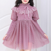 Children girls zhong da tong sweater dress autumn and winter dress wang sha qun princess dress lace baby girl western style