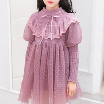 Childrens girls sweater dress Princess dress net gauze dress Spring and Autumn Winter lace girl long sleeve