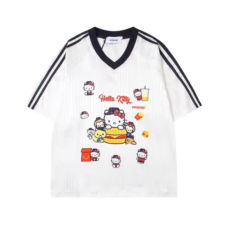 American Cartoon Style Blue and White Pink Hello Kitty Printed V-Neck Short-Sleeved T-Shirt, Unisex Sports Striped Jersey American Cartoon Style Blue and White Pink Hello Kitty Printed V-Neck Short-Sleeved T-Shirt, Unisex Sports Striped Jersey