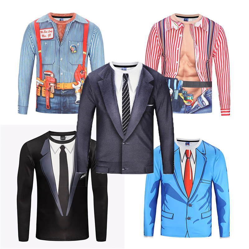 2025 New Men's Long-Sleeved T-Shirt Tiktok Creative Suit Quirky Clothing Pattern Funny Fashion Trendy Top