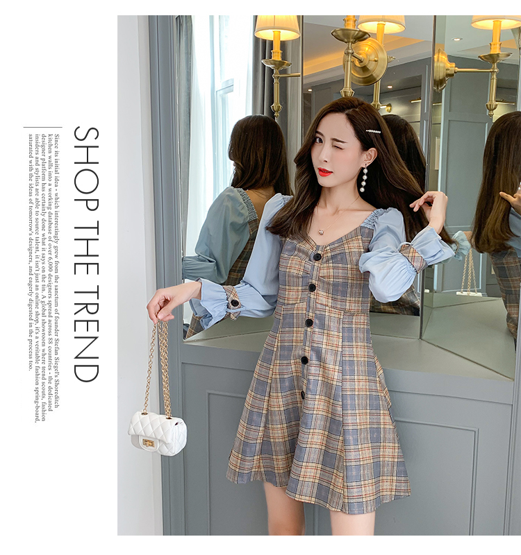 VK旗艦店 韓國風名媛格紋撞色拼接荷葉邊長袖洋裝