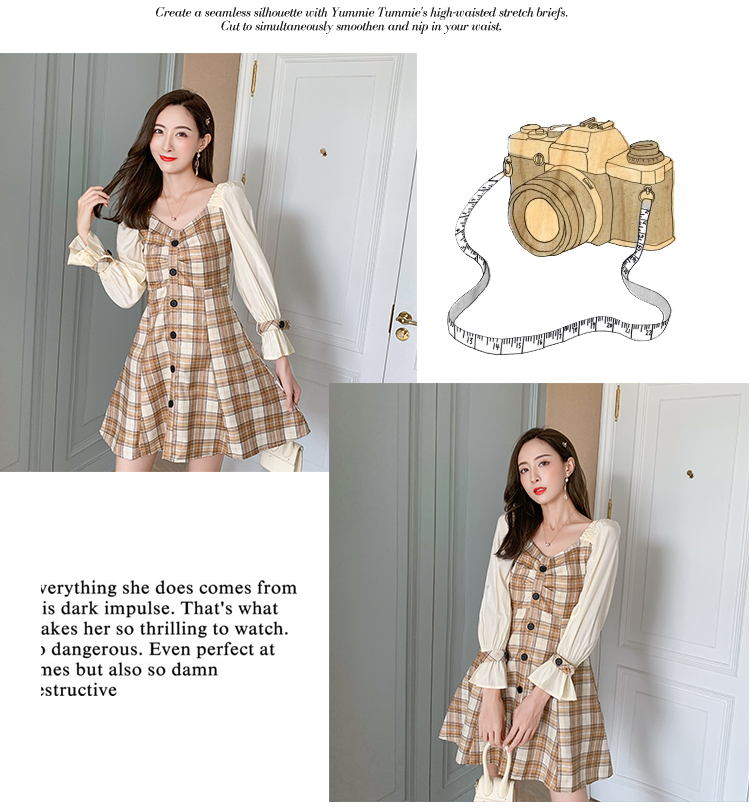 VK旗艦店 韓國風名媛格紋撞色拼接荷葉邊長袖洋裝