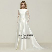 2021 new satin word shoulder long-sleeved small tail bride out of the yarn lace high-end custom wedding dress