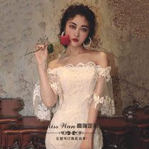 2021 new one-shoulder long tail fishtail lace high-end custom wedding dress bridal ceremony forest dream main yarn