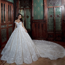 One-shouldered wedding dress 2021 new bride forest super fairy dream starry sky lace ceremony main wedding dress customization