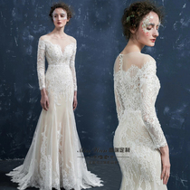 Two-wear wedding dress custom 2021 new lace luxury tail one-shoulder long-sleeved fishtail bride thin ceremony yarn