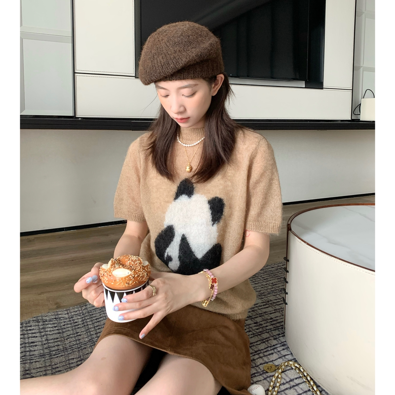 Ingcon Panda Artist Panda Pullover Sweater Early Autumn Peruvian Suri Short-Sleeve Alpaca Knitwear for Women