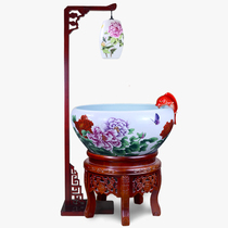 Jingdezhen ceramic fish tank Blue and white porcelain fish basin goldfish tank household living room office with lamp holder ornaments large size