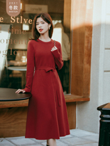 Seven volume a cut dress winter little foreign style vintage red White temperament knitted long dress womens new 1629