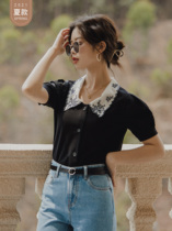 Seven Volume One cut black shirt female Small Man color color embroidery doll collar top female summer 2021 New 204