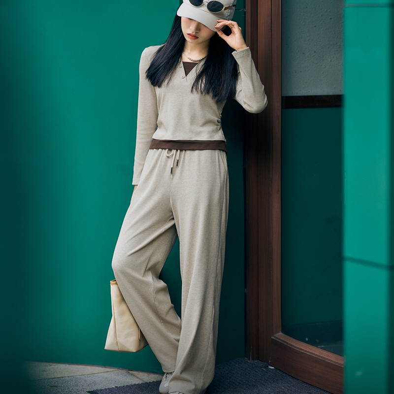 Qiliang Yicai Petite Khaki Top + Drawstring Casual Pants Set, Everyday Loose Fit 1224