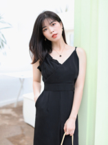 Seven volume a cut small man black V-neck conjoined straight tube chiffon pants female summer temperament commuter wind 114