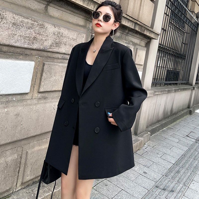 Advanced senses black suit jacket woman medium long version 2022 new spring and autumn season small crowd casual loose Han version Western suit