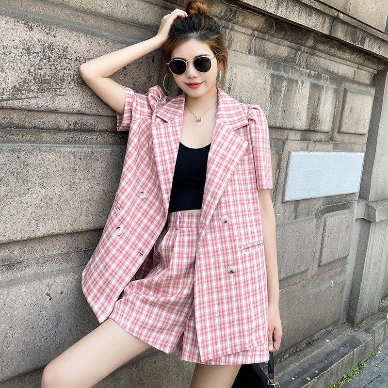 Double Row Buttoned Suit Plaid Suit Women's Summer Fashion 2022 New Casual Minus Age West Suit Shorts Two Sets