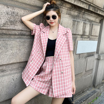 Double Row Buttoned Suit Plaid Suit Womens Summer Fashion 2022 New Casual Minus Age West Suit Shorts Two Sets