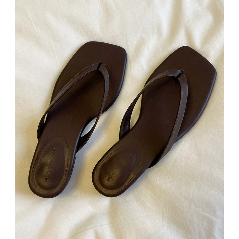2026 Spring/Summer New Korean Style Simple Versatile Toe-Clip Square-Toe Sandals Chunky Heel Flip-Flops for Women Outdoor Wear