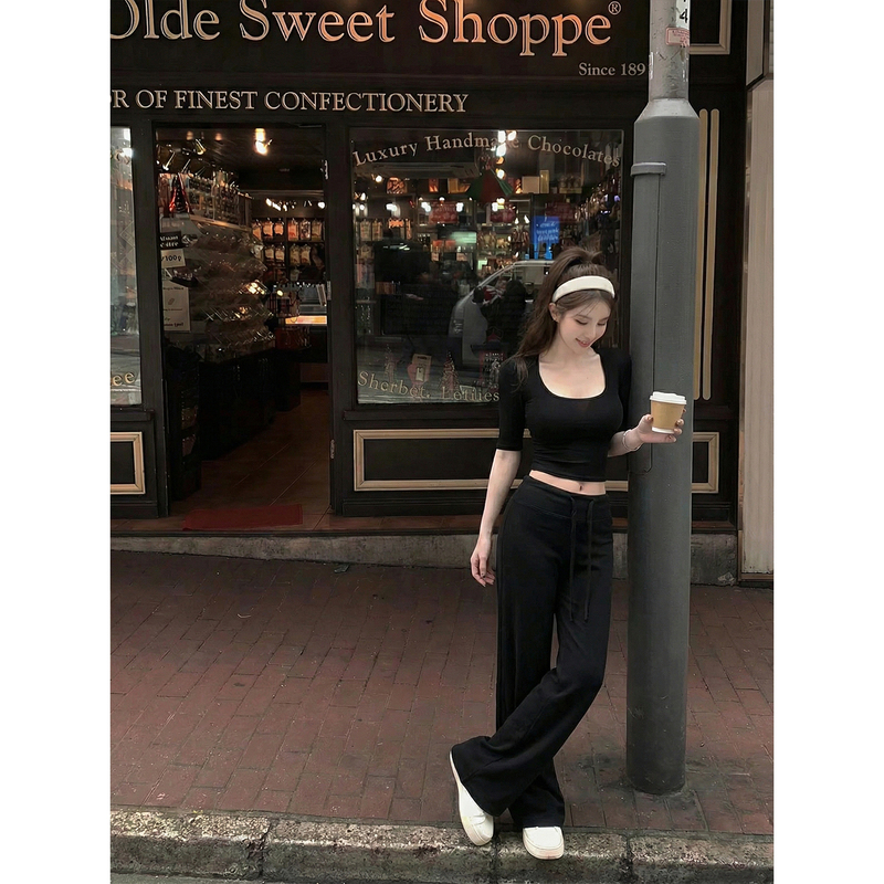 Ppwudawang Spicy Girl Style Black Wide-Leg Casual Pants for Women, Spring Season, Petite, High-Waisted, Loose Straight-Leg Long Pants