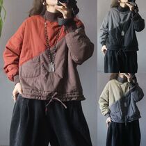 Plain-ordered cotton clothes retro color-blocking pullover quilted thickened half turtleneck sweater womens 2022 winter new loose tie