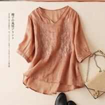 Plain cotton and Hemp womens original embroidered shirt literary retro small V-neck five-point sleeve loose large size womens summer