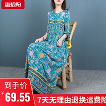 Retro ethnic cotton and linen print dress womens spring and summer long swing skirt loose bohemian long skirt