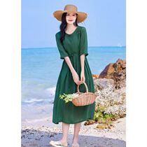 Vegetarian Cotton Hemp Womens Clothing Flagship Tandem Dress Lady High-end Retro Original Summer Cashews Waist Temperament Mom Loose
