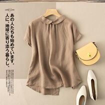 Plain cotton linen womens original 2020 Summer new short sleeve lapel collar shirt literary retro womens shirt collar loose