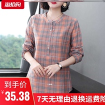 Plain cotton linen original series cotton top 2020 Autumn new plaid shirt female middle-aged mother long sleeve cotton