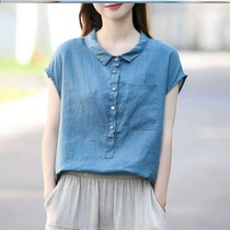 Plain order imitation cotton linen womens cotton literary retro loose shirt Womens pattern 2020 Summer new short sleeve age reduction