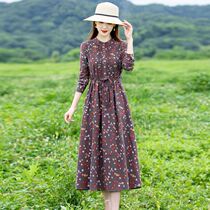 Vegan ordering cotton linen autumn dress with long sleeves crushed floral dress 2021 new spring woman cashew with slim retro-style dress