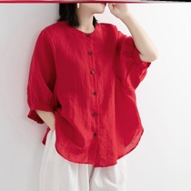 Plain cotton linen women 2020 Summer shirt lantern sleeves retro literary top loose slim middle sleeve size