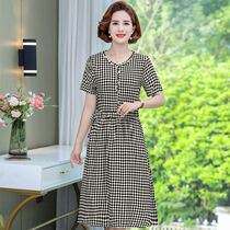 Mom Loaded with Flagship Cotton Linen Plaid Short Sleeves Dress New Summer Dress Big Code Womens Dress Mid-Age Skirt Tide